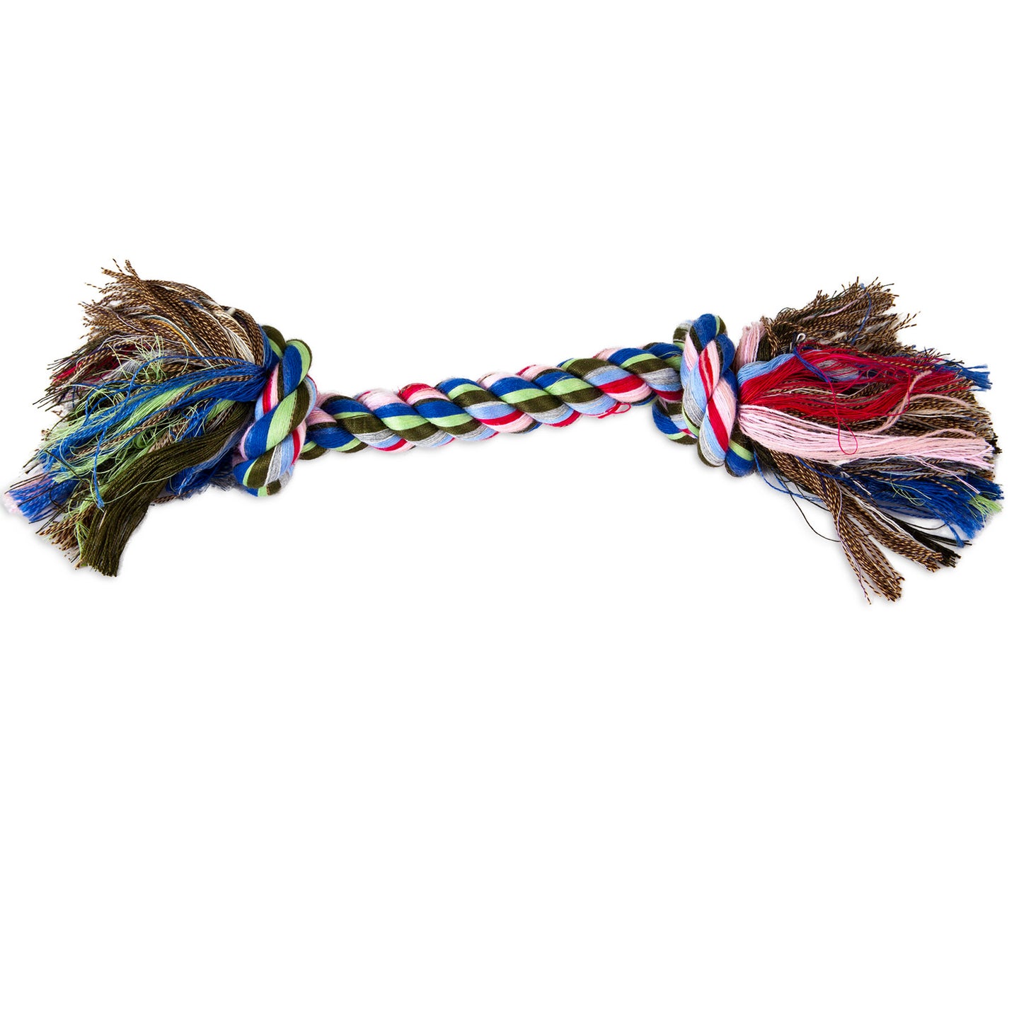 The Petmate Booda Multi-Colored Rope Bone by Petmate features frayed ends in blue, green, red, pink, and white. Perfect for tugging and chewing, this sturdy rope toy entertains while aiding in dental disease prevention with its vibrant strands.