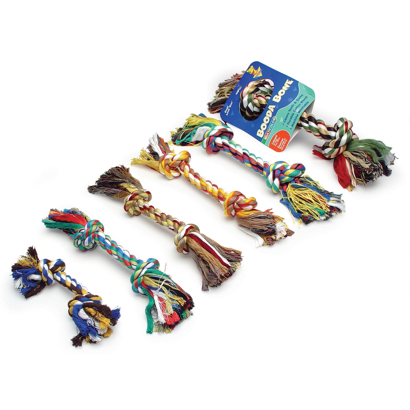 Six vibrant Petmate Booda Multi-Colored Rope Bones are arranged in two rows on a white background. Each toy, ideal for dental health, features strands of blue, green, and red. The top right toy has a label with product information.
