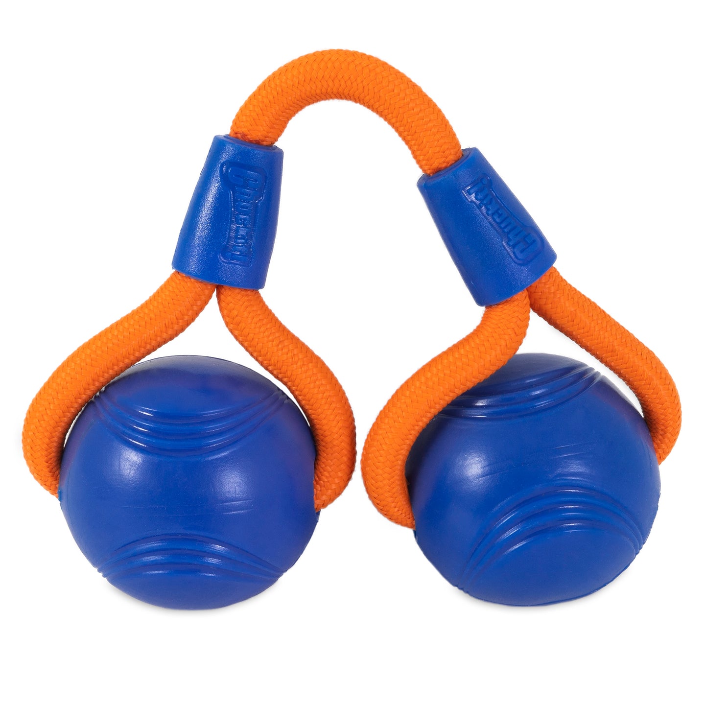 Introducing the Chuckit! Crunch Duo Tug Dog Toy by Chuckit: a blue rubber toy with two balls linked by an orange rope handle, ideal for dogs to chew and play.