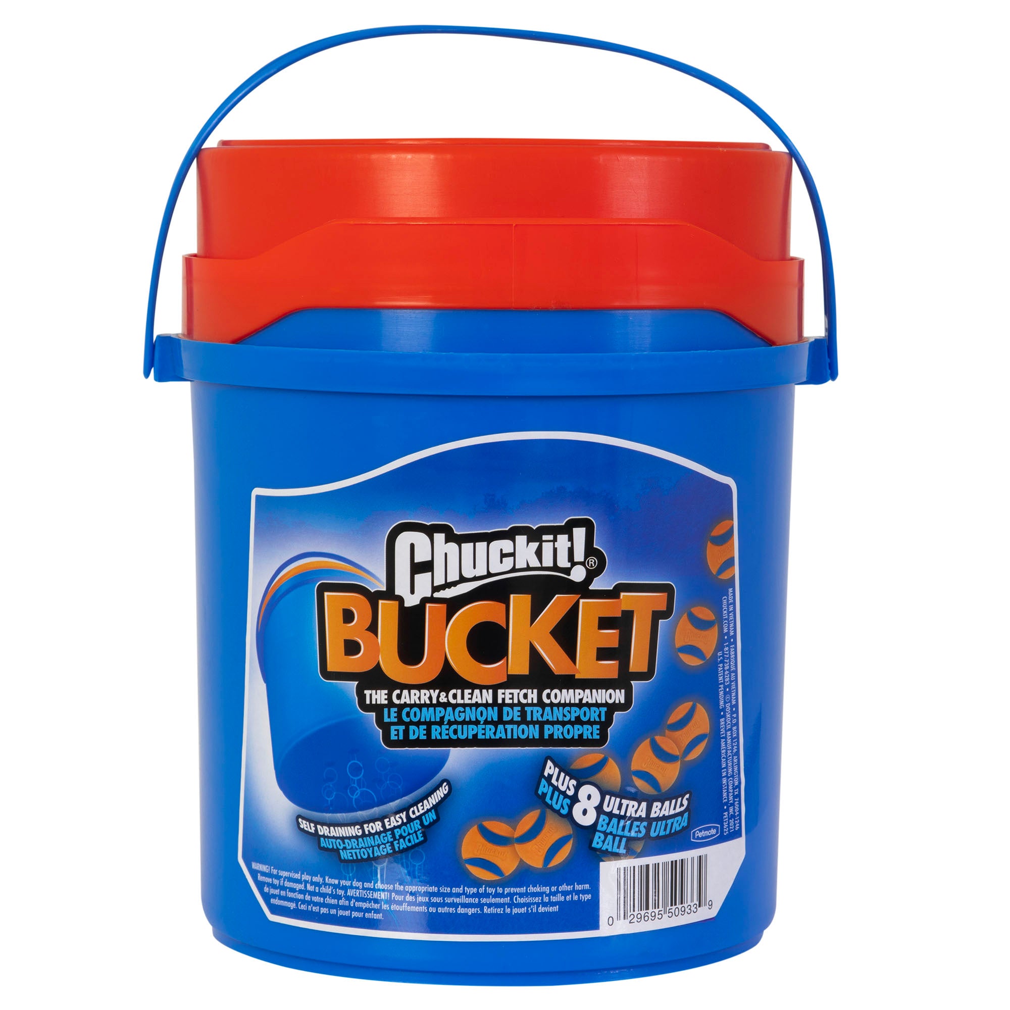 The Chuckit! Bucket With Ultra Balls by Chuckit is a large blue bucket with a red lid featuring orange balls. Ideal for carrying dog toys and fetch games, it includes 8 Ultra Balls and a convenient blue handle for easy transport.