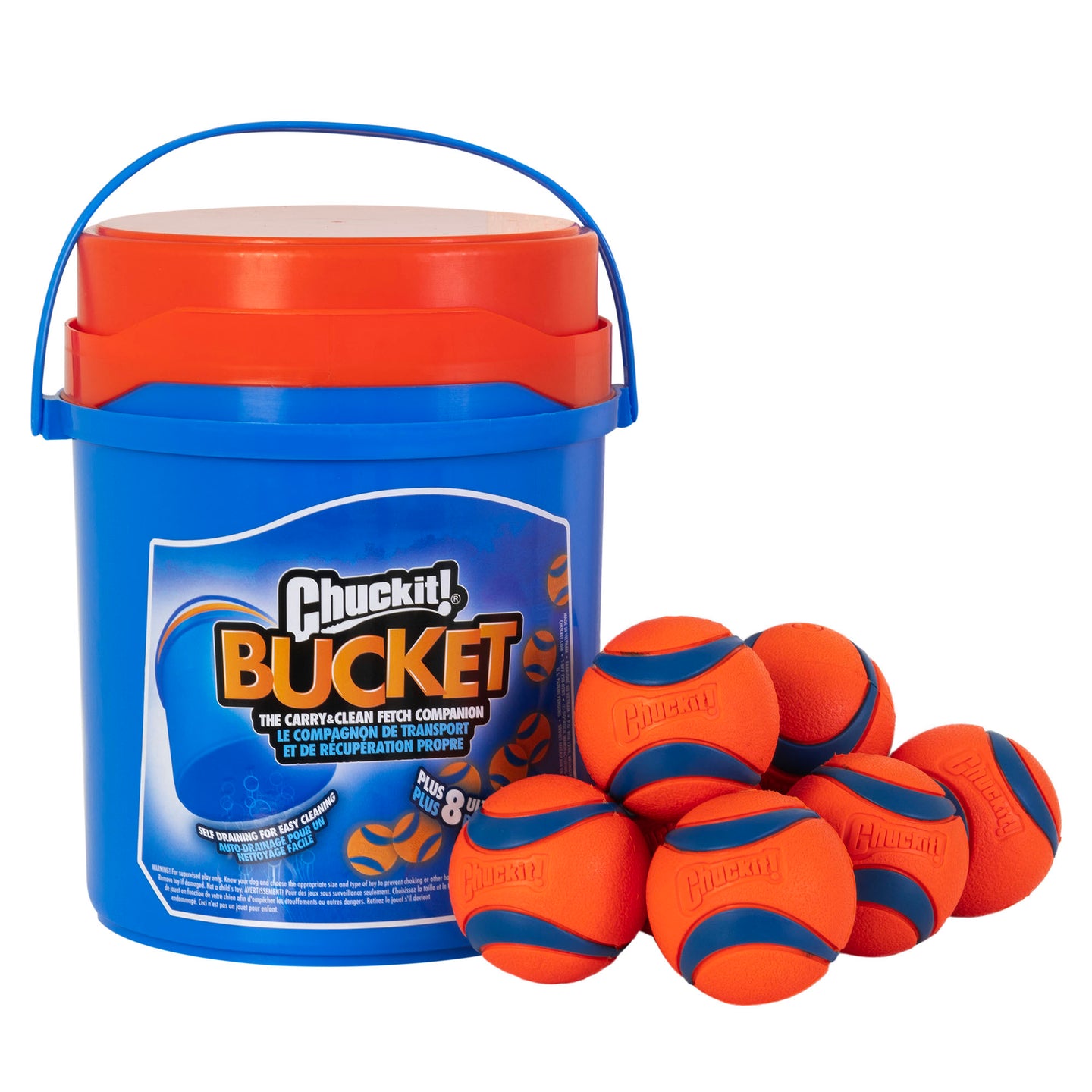 The Chuckit! Bucket With Ultra Balls by Chuckit includes a stylish blue bucket with an orange handle and lid, surrounded by six vibrant orange and blue Ultra Balls—ideal for fetch games.