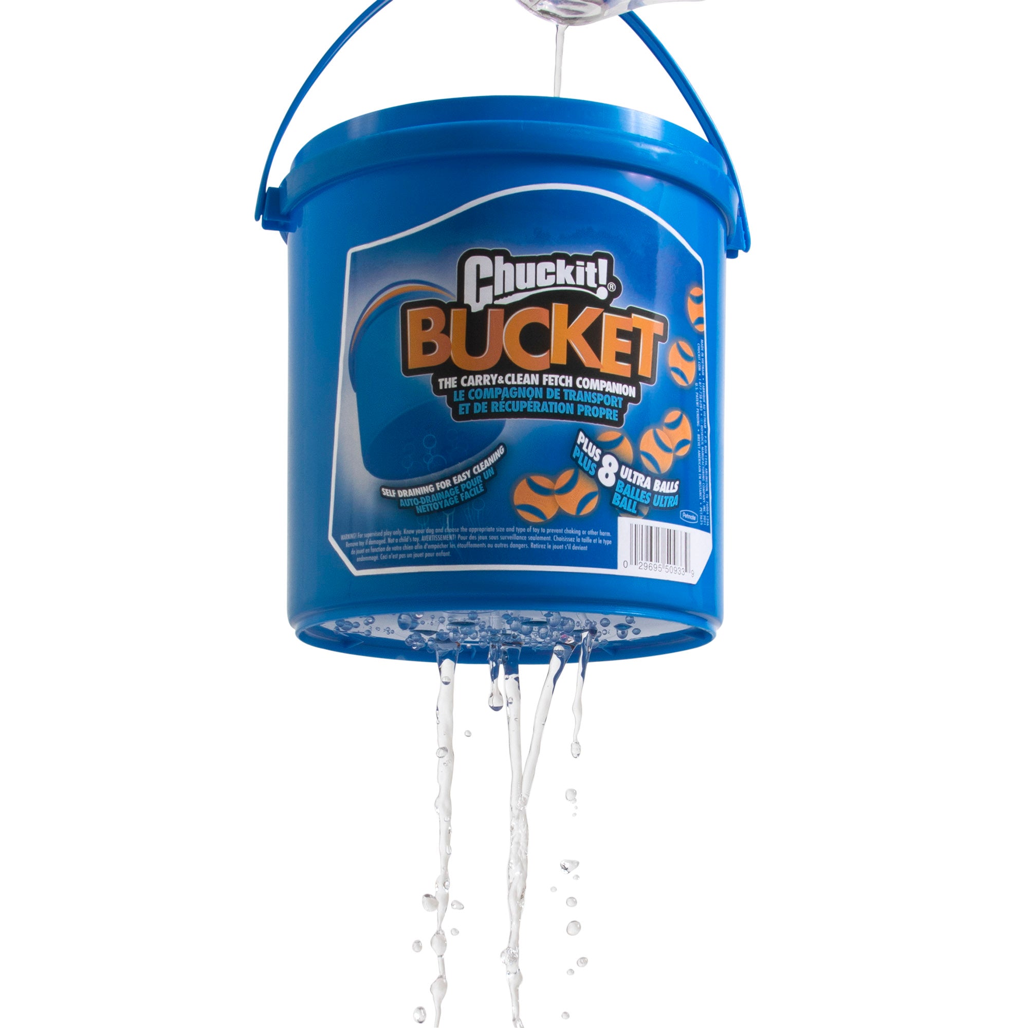 A blue Chuckit Bucket With Ultra Balls, featuring a carry handle and text on the side, is filled with water and suspended. Water streams out from holes, recalling fetch game fun. Its perfect for storing Chuckit Ultra Balls.