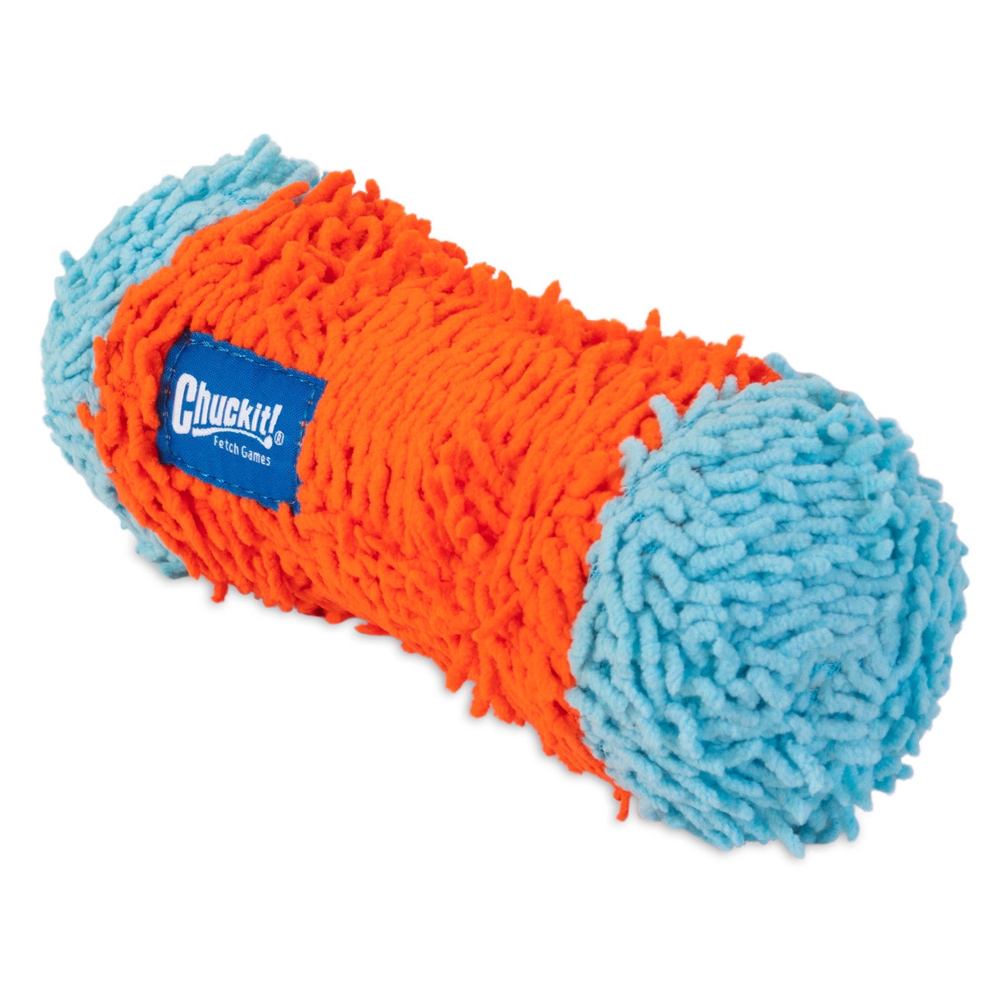 The Chuckit! Indoor Tumble Bumper is a cylindrical indoor dog toy with shaggy blue ends and a shaggy orange center. It uses Bounceflex Core Technology for softness and durability, featuring a blue rectangular Chuckit! label on the orange part.