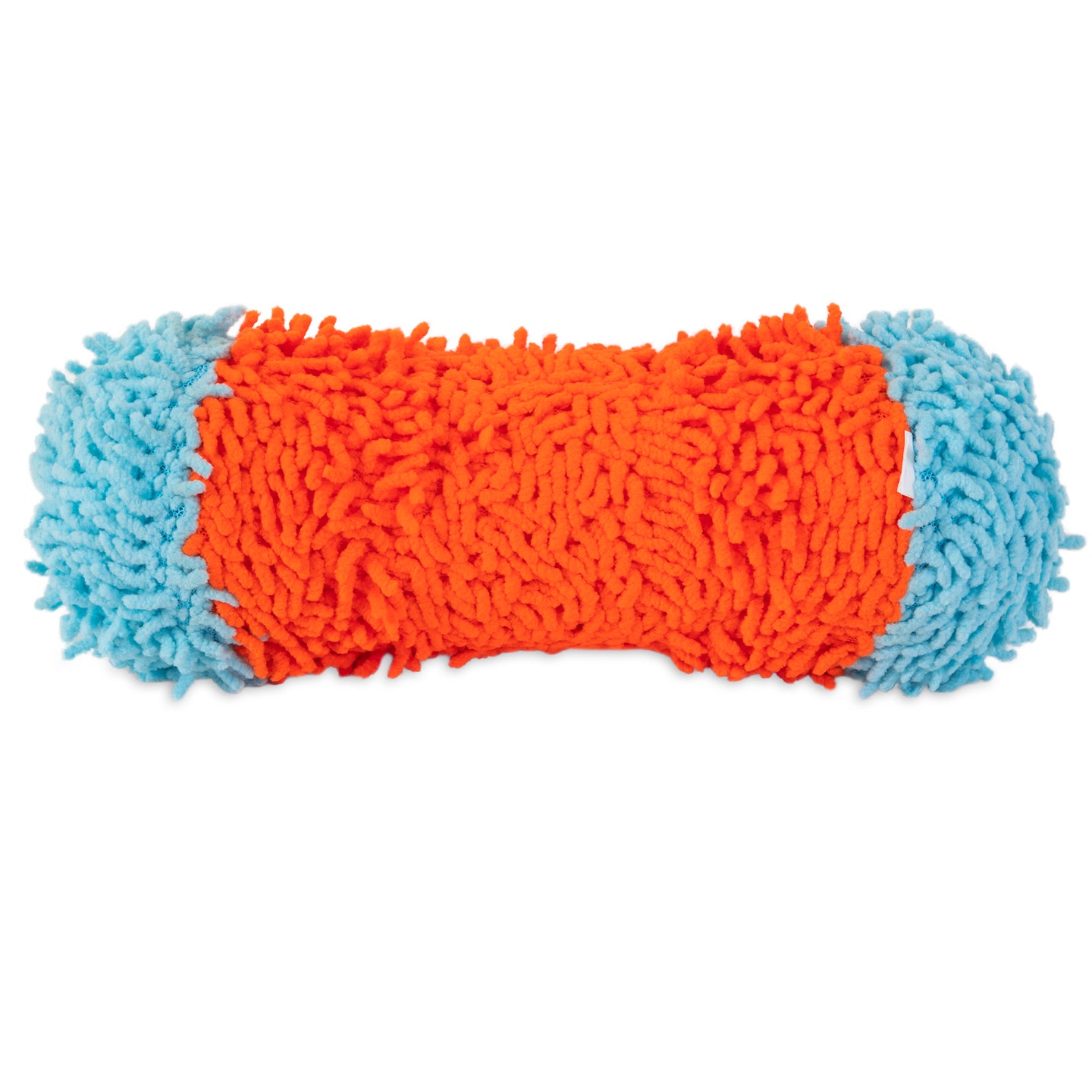 The Chuckit! plush dog toy, shaped like a bone, features bright orange and light blue colors with a soft texture for indoor play. Equipped with Bounceflex Core Technology, its ideal for safe fetch games or as a replacement for the Chuckit! Indoor Tumble Bumper.