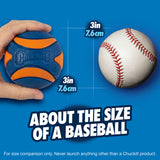 A hand displays a durable Chuckit! Ultra Squeaker Ball next to a classic white baseball with red stitching. Both balls, approximately 3 inches (7.6 cm) in diameter, feature a buoyant design ideal for play. Text reads: About the size of a baseball.