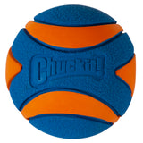 The Chuckit! Ultra Squeaker Ball by Chuckit is made from durable blue and orange rubber with textured panels and smooth stripes, offering easy visibility. Its buoyant design makes it perfect for water play.