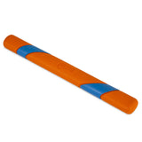 The Chuckit! Ultra Fetch Stick by Chuckit is a durable fetch toy with a long orange stick featuring diagonal blue accents, ensuring high visibility against white surfaces.