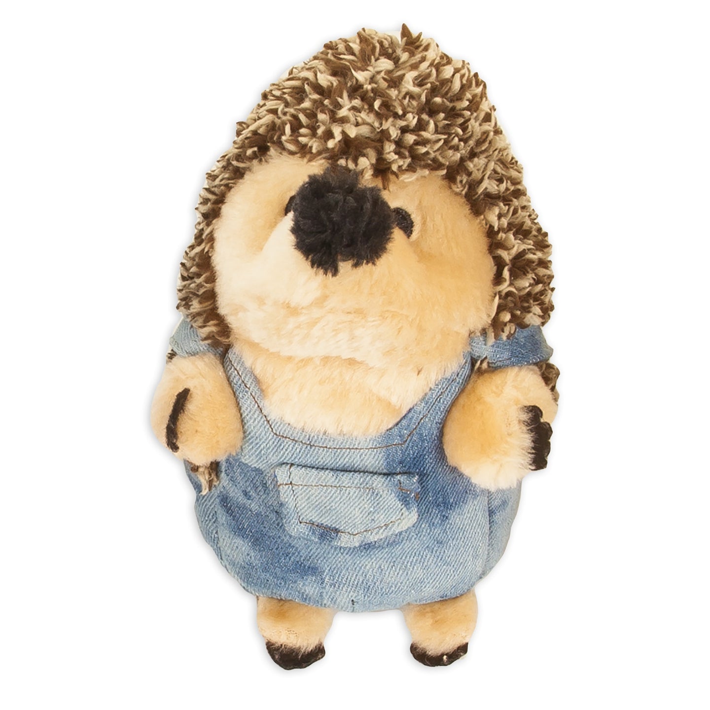The Zoobilee Farmer Heggies Dog Toy is a cuddly plush hedgehog dressed in blue denim overalls. Its soft beige fur and textured dark brown back resemble spikes, while its small black nose and eyes add to its adorable charm.