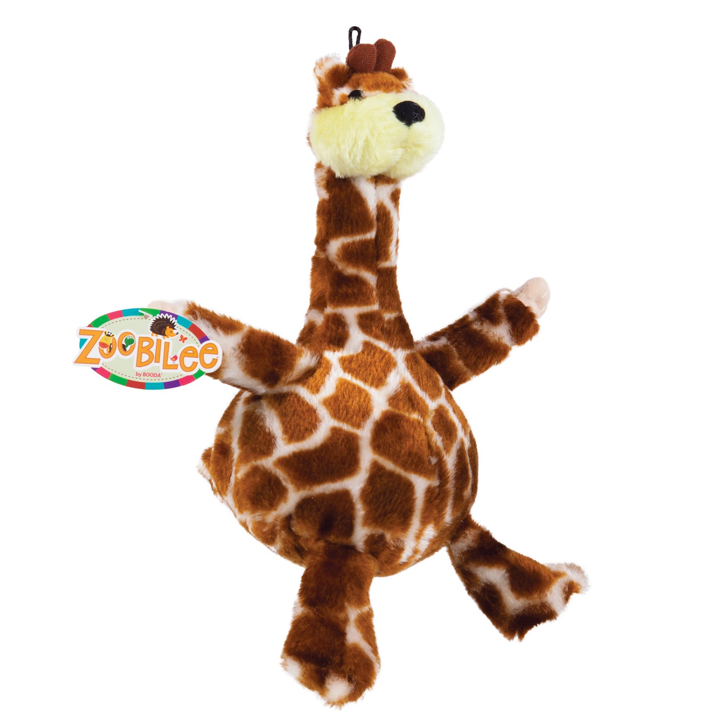 The Zoobilee Bellies Giraffe Dog Toy features a plush, round-bodied giraffe with a spotted brown and white pattern, long neck, floppy limbs, and a smiling face. Its colorful tag ensures durability and delight during playtime.