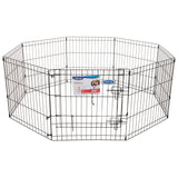 The Petmate Single Door Exercise Pen by Petmate is a portable black metal pen with durable wire, featuring eight panels in an octagonal shape. It includes two secure latches on the gate and has a label showcasing a small dog along with product details.