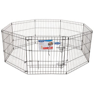 The Petmate Single Door Exercise Pen by Petmate is a portable black metal pen with durable wire, featuring eight panels in an octagonal shape. It includes two secure latches on the gate and has a label showcasing a small dog along with product details.