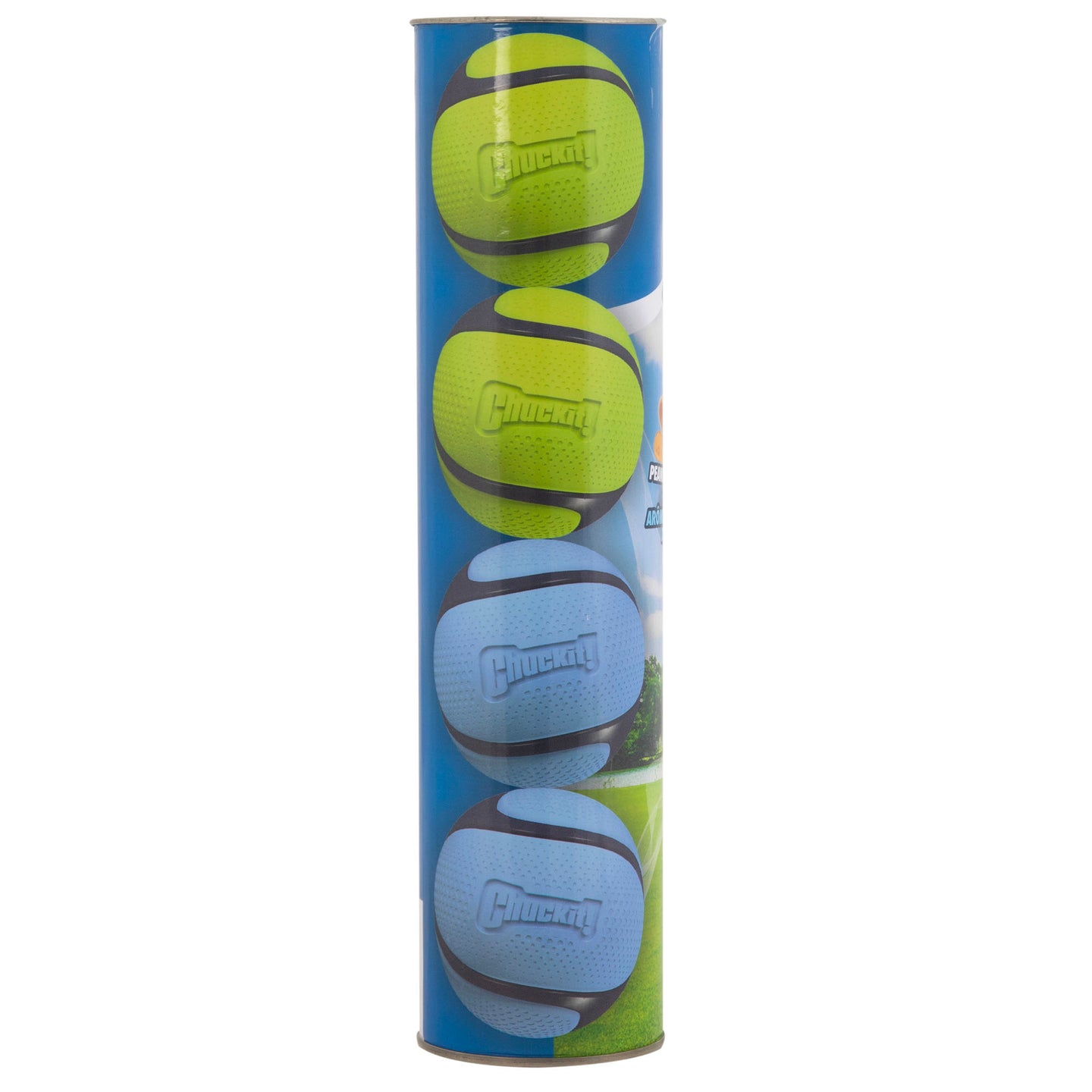The Chuckit Sniff Ball 4 Pack features four balls, two green and two blue, in a blue cylindrical container. Each ball is branded with Chuckit! adding playful fun to your pets toy collection.