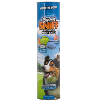 Tall cylindrical packaging showcases the Chuckit Sniff Ball 4 Pack by Chuckit. It features a happy dog at the bottom, tennis ball graphics for delightful scents such as Peanut Butter and Bacon, complemented by a vibrant green field under a blue sky.