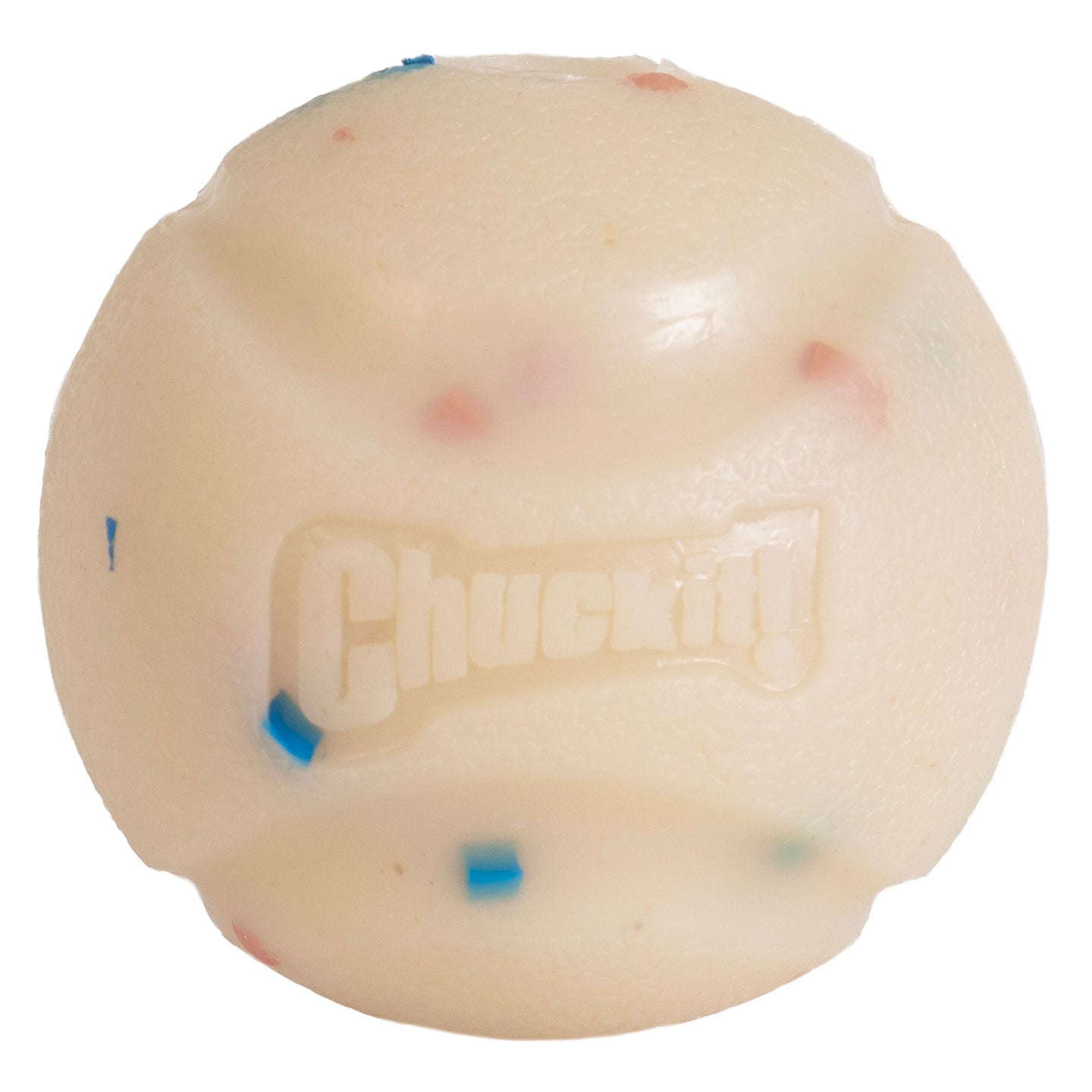 The Chuckit! Birthday Fetch Ball is a white natural rubber dog toy featuring the Chuckit logo, with small multicolored specks. Its designed to work perfectly with Chuckit! Launchers for an exciting fetch experience.