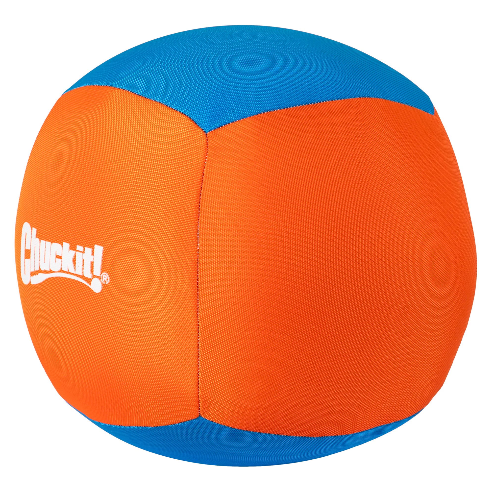 The Chuckit! Big Air Fetch & Herding Ball Dog Toy features large, soft orange and blue panels with the Chuckit logo, ideal for Treibball games and active play sessions with your dog.