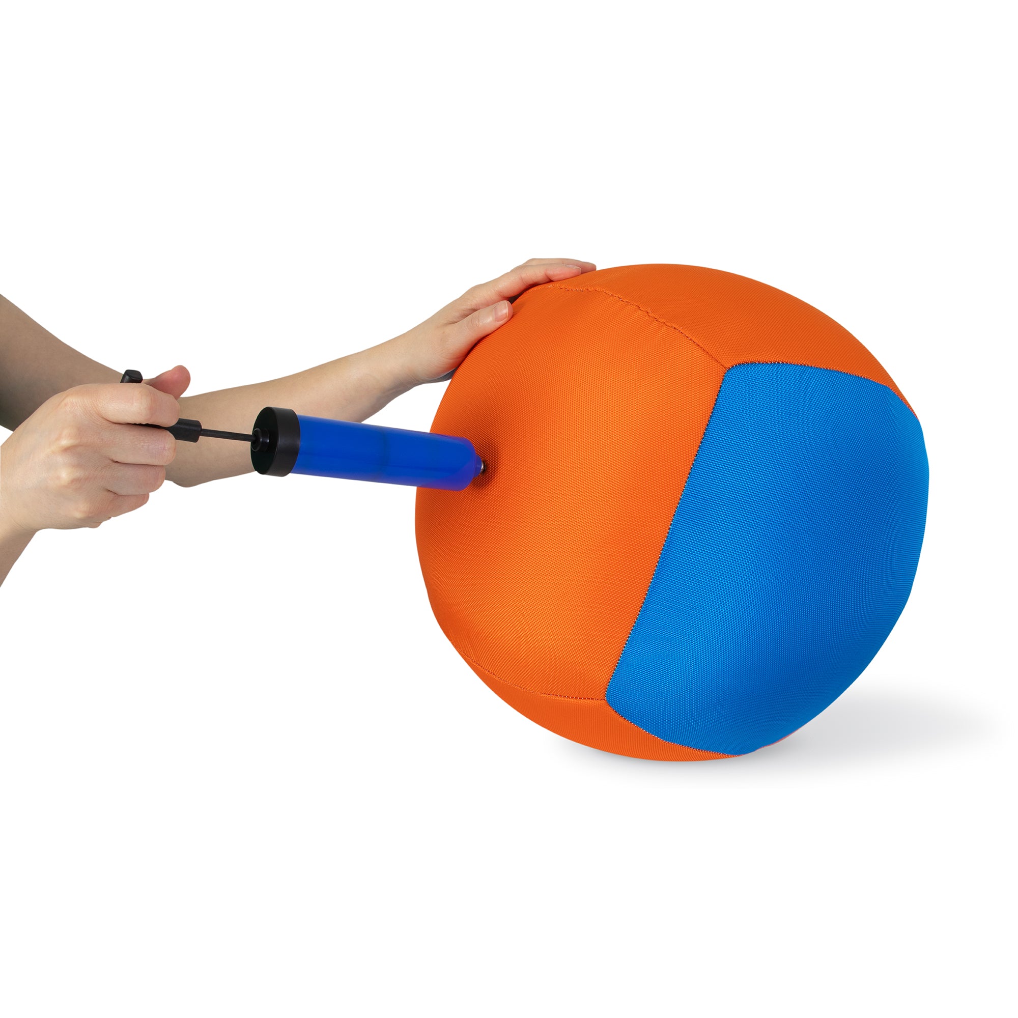 Hands inflating the Chuckit! Big Air Fetch & Herding Ball Dog Toy, with an orange and blue pattern using a blue hand pump; ideal for fetch thanks to its durable canvas construction, from the brand Chuckit.