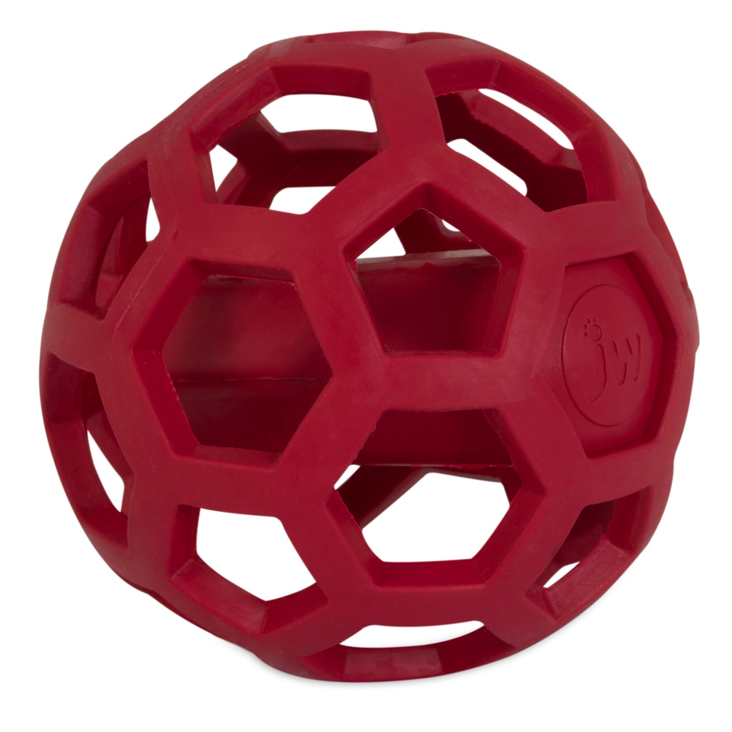The JW Hol-ee Giggler Dog Toy by Jw is a red, natural rubber toy with a spherical lattice design, hexagonal cutouts, and an embossed logo.