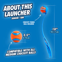The Chuckit! Junior 18M Dog Ball Launcher by Chuckit is illustrated in blue and orange, comes with a Chuckit! Tennis Ball, and measures 18 inches (45.7 cm). The ball is 2.5 inches (6.4 cm) in diameter, compatible with all medium fetch toys for great playtime adventures.
