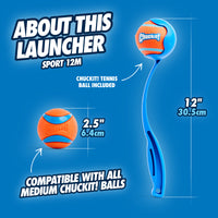 The image features a blue Chuckit! Sport Launcher with a rubber ergonomic handle. It includes an orange and blue tennis ball, marked Sport Launcher 12M, 12 inches, 30.5 cm and 2.5 inches, 6.4 cm. Enjoy hands-free pickup; its compatible with all medium Chuckit balls.