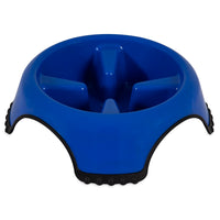 The JW Skid Stop Slow Feed Bowl by Jw is a blue plastic bowl with non-slip rubber grips, designed for fast-eating dogs. It features raised sections for a puzzle-like eating experience, ensuring meals at a healthier pace while preventing skidding.