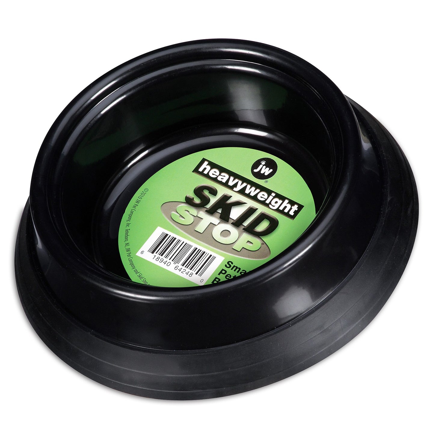 The JW Skid Stop Heavyweight Bowl by Jw is a black plastic pet bowl with a wide base to prevent slipping, labeled SKID STOP on a green tag.