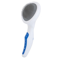 The JW Gripsoft Slicker Brush from Jw has an oval-shaped head and a blue grip, featuring soft pins for gentle detangling and removing loose fur, ensuring a smooth grooming experience and your pets comfort.