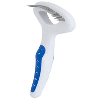 The JW Gripsoft Undercoat Rake by Jw is a white and blue grooming tool with a non-slip, curved handle featuring blue rubber grips and metal bristles in a row, offering an ergonomic design for comfortable and efficient pet care.