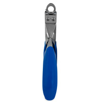 Close-up of the JW Gripsoft Pet Nail Trimmer by Jw in blue and silver, showcasing an ergonomic guillotine-style design with a rounded cutting edge and two rubber-coated handles, vertically oriented to face the camera.