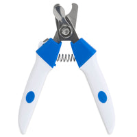Introducing the JW Gripsoft Deluxe Dog Nail Clipper, featuring a cutting guard and GripSoft technology for comfort. These white and blue clippers include a silver metallic blade, spring mechanism, and blue rubber grips for superior control during pet nail trimming.