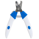 Introducing the JW Gripsoft Deluxe Dog Nail Clipper, featuring a cutting guard and GripSoft technology for comfort. These white and blue clippers include a silver metallic blade, spring mechanism, and blue rubber grips for superior control during pet nail trimming.
