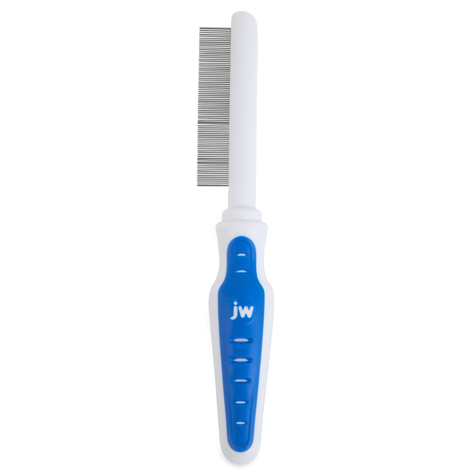 The JW Gripsoft Flea Comb has an ergonomic blue rubber grip and jw embossed in white. It features fine metal teeth, ideal for efficiently grooming pets.