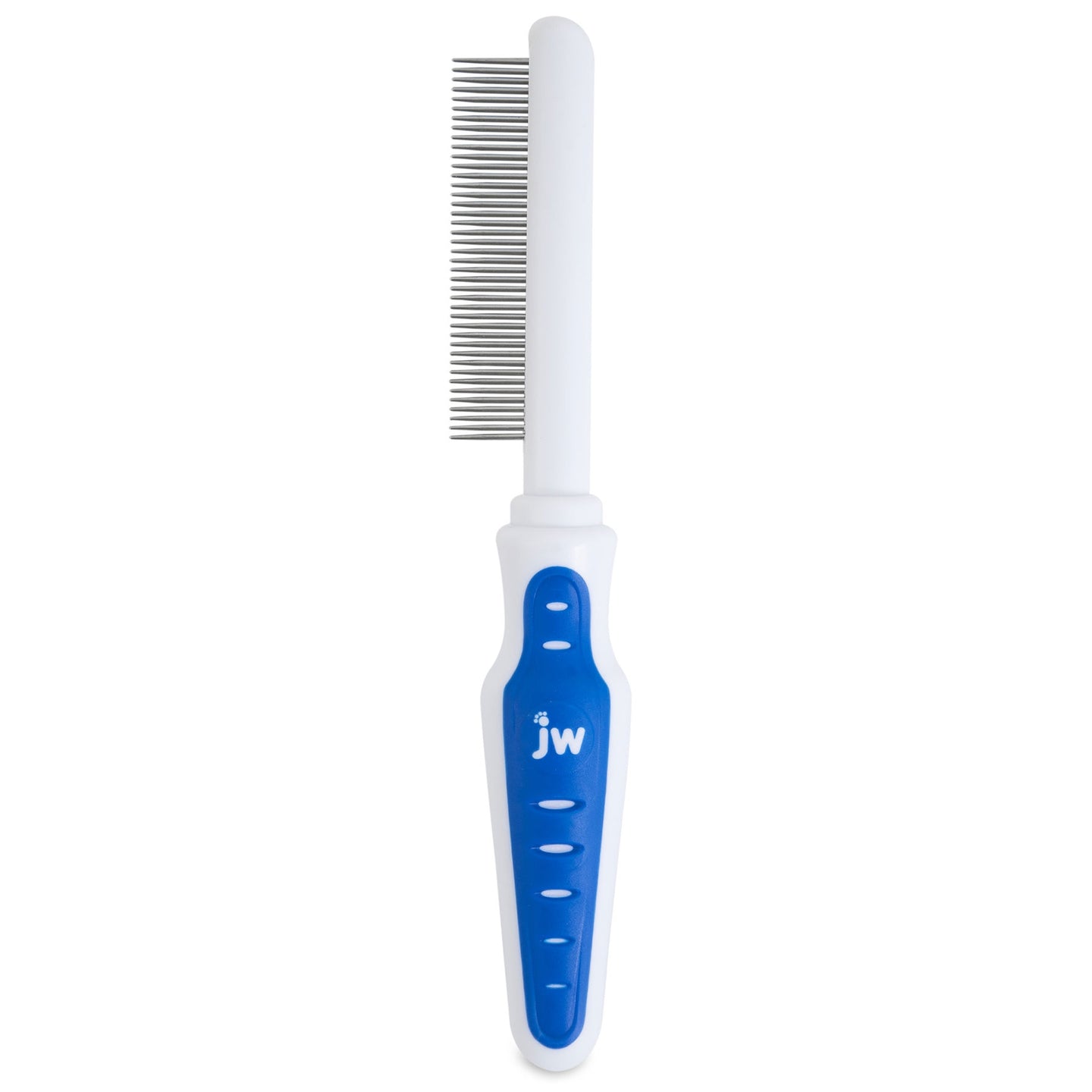 The JW Gripsoft Cat Comb features a stylish blue and white handle with fine metal teeth for comfort, showcasing the JW initials on the grip for an elegant grooming experience.