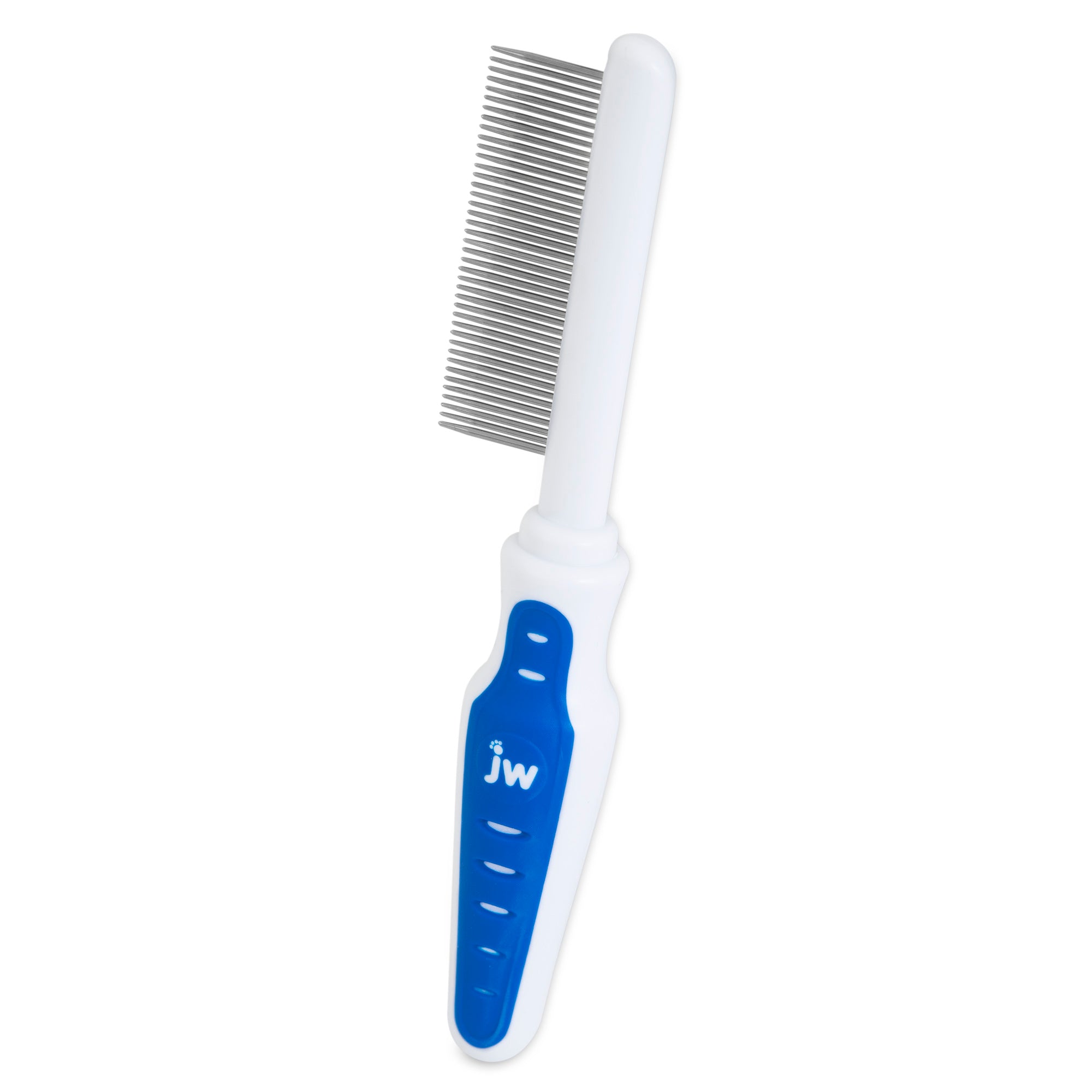 The JW Gripsoft Fine Tooth Comb features fine metal bristles and a non-slip blue and white handle with jw printed on it. The textured grip ensures comfort, making it ideal for removing tangles and loose hair during dog grooming.