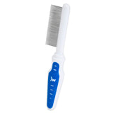 The JW Gripsoft Fine Tooth Comb features fine metal bristles and a non-slip blue and white handle with jw printed on it. The textured grip ensures comfort, making it ideal for removing tangles and loose hair during dog grooming.