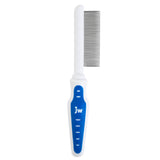 The JW Gripsoft Fine Tooth Comb is a white flea comb with a blue handle featuring JW and small grip indents. The metal teeth are tightly spaced, and the non-slip grip ensures effective grooming for pets.