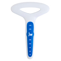The JW Gripsoft Double Row Undercoat Rake, with its T-shape, white and blue design, features a textured grip handle marked with JW. It includes an ergonomically correct handle and a hole at the top, ideal for chewing and playing.