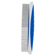 The JW Gripsoft Fine & Coarse Comfort Comb by Jw features a sleek white and blue ergonomic design with a non-slip handle. It includes tightly-spaced stainless steel teeth on one side and wider-spaced plastic teeth on the other for efficient dog grooming.