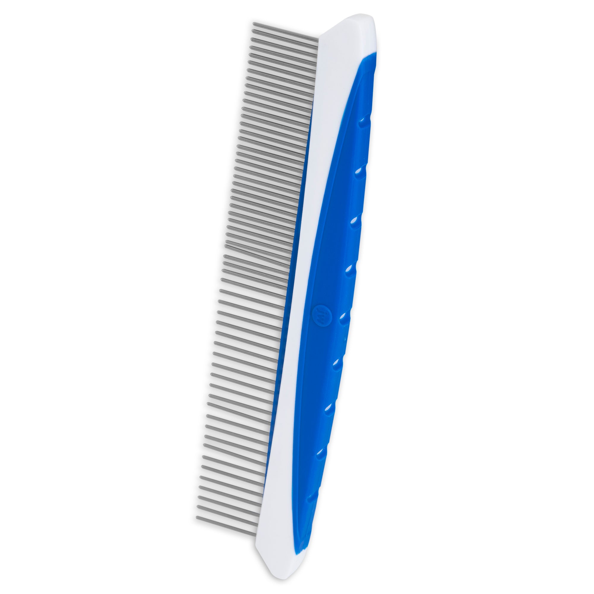 The JW Gripsoft Fine & Coarse Comfort Comb by Jw features durable stainless steel teeth and a blue plastic handle with a non-slip grip, perfect for efficiently removing loose fur and tangles from your pet.