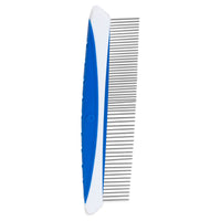 The JW Gripsoft Fine & Coarse Comfort Comb by Jw features stainless steel teeth and a non-slip comfort grip in blue and white. Positioned vertically on a pristine white background, it ensures effective dog grooming with ease.