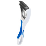 The JW Gripsoft Dog Deshedding Tool by Jw, in white and blue, features a curved design with stainless steel blades and a GripSoft technology handle. Its comb-like metal teeth effectively remove loose hair and detangle fur for effortless grooming.