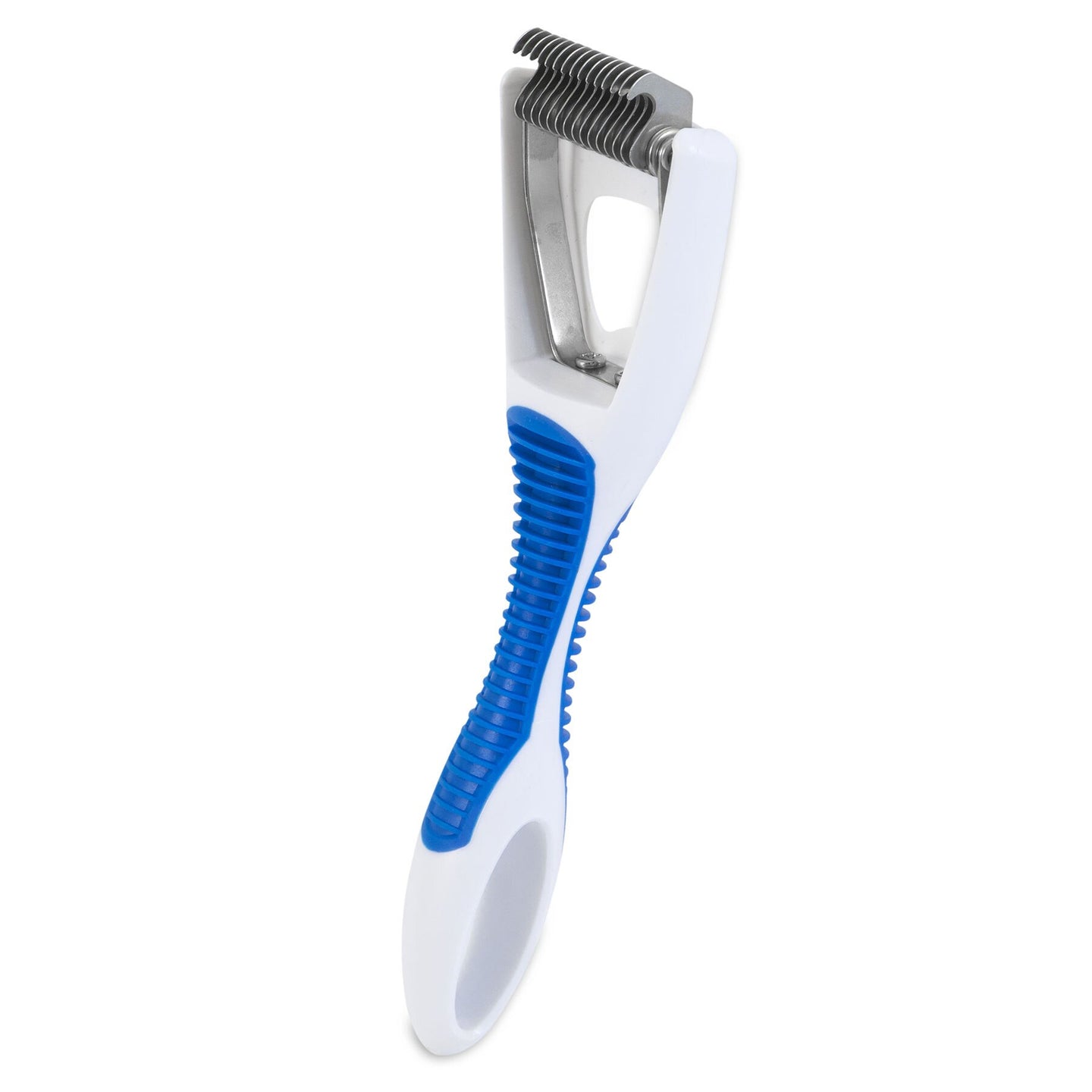 Explore the JW Gripsoft Cat Deshedding Tool from Jw, featuring a white handle with blue rubber grips for comfort. The stainless steel blades have narrow, closely spaced teeth designed to remove loose fur and maintain a sleek coat for your feline friend.