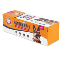 The Arm & Hammer Pantry Pack Waste Bags 300 ct. box, in orange and white with a German Shepherd image, includes 300 bags. These bags are designed for strength and odor control with activated baking soda and serve as a convenient dispenser, offering a fresh scent.