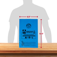 The Arm & Hammer Pantry Pack Waste Bags, 300 ct., by Arm and Hammer, features a blue bag with activated baking soda and printed instructions/icons. Highlighted by red arrows for clarity against a wooden backdrop, its dimensions are 8.5 W x 13.5 H shown in a vertical display.