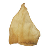 A single Wild Eats Natural Water Buffalo Ear by Wild Eats, beige and flat against a white background, showcases a slightly curved shape with visible texture and authentic markings, epitomizing single source protein.