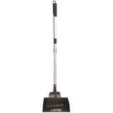 The Precision Pet Little Stinker Poop Scoop with Rake from Precision Pet Products features a metal shovel with a telescoping handle and wide, slotted scoop, designed for heavy-duty waste removal. The black grip at the top ensures efficiency in pooper scooper tasks.