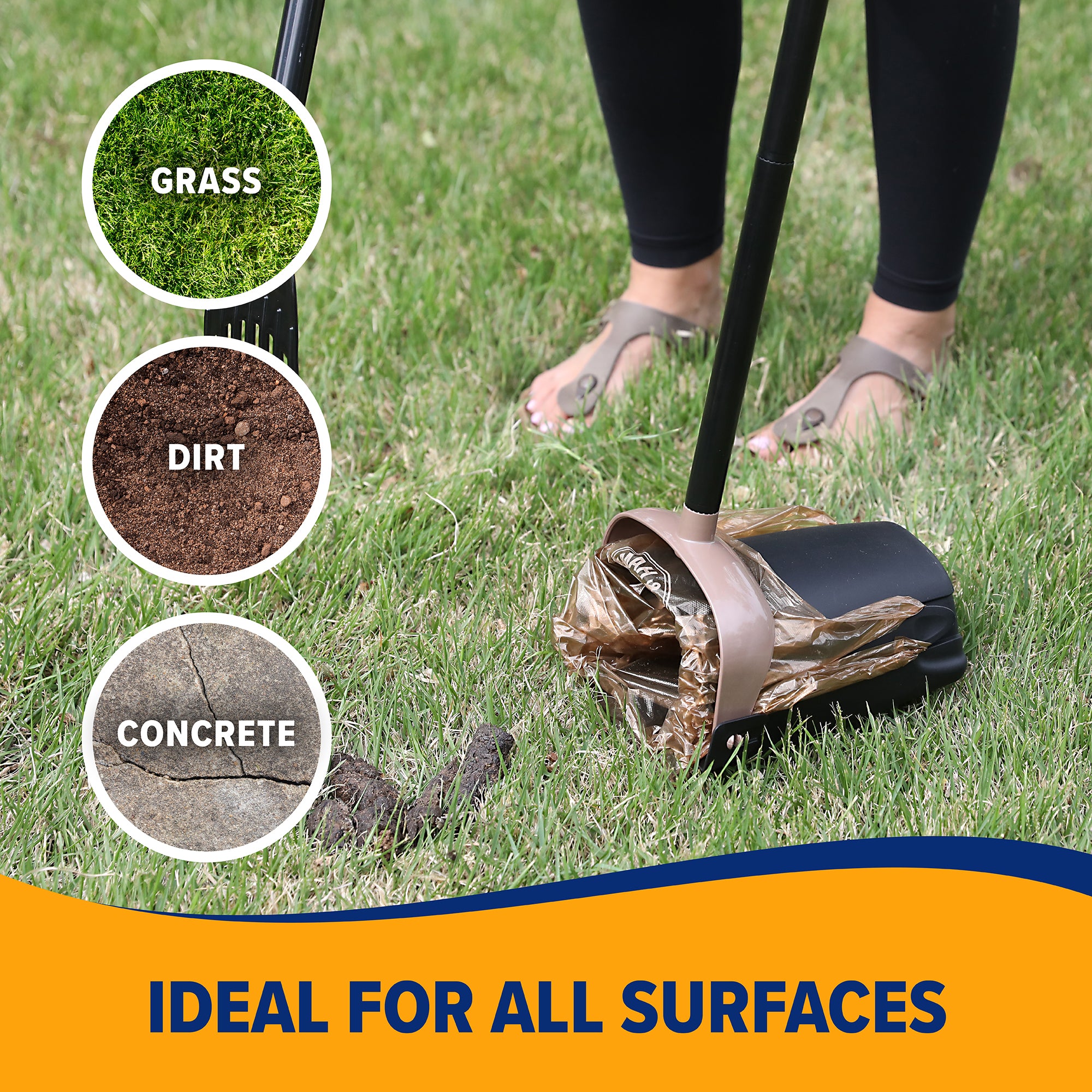 Using the Arm & Hammer Swivel Bin & Rake with a disposable bag makes picking up pet waste on grass easy. Its swivel bin design works perfectly on grass, dirt, and concrete surfaces. It features odor control and is described as IDEAL FOR ALL SURFACES.