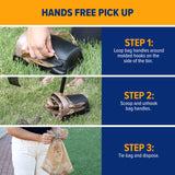 Top: A hand loops Arm & Hammer Swivel Bin Pet Waste Bags handles on black bin hooks. Middle: Bin sits on grass with a filled bag. Bottom: Hands tie the baking soda-infused pet waste bag. Text: HANDS FREE PICK UP; steps 1 to 3 next to each image.