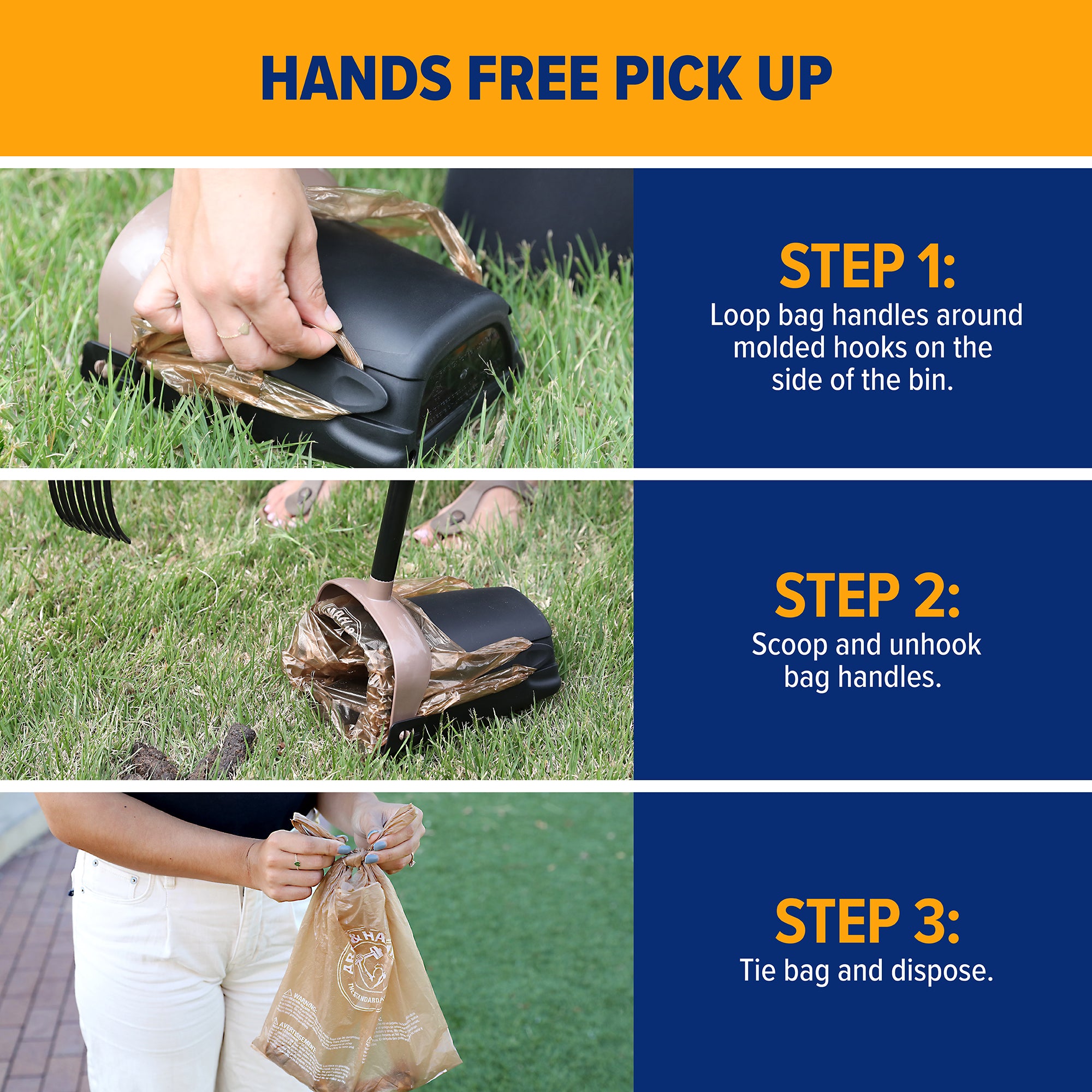 Top: A hand loops Arm & Hammer Swivel Bin Pet Waste Bags handles on black bin hooks. Middle: Bin sits on grass with a filled bag. Bottom: Hands tie the baking soda-infused pet waste bag. Text: HANDS FREE PICK UP; steps 1 to 3 next to each image.
