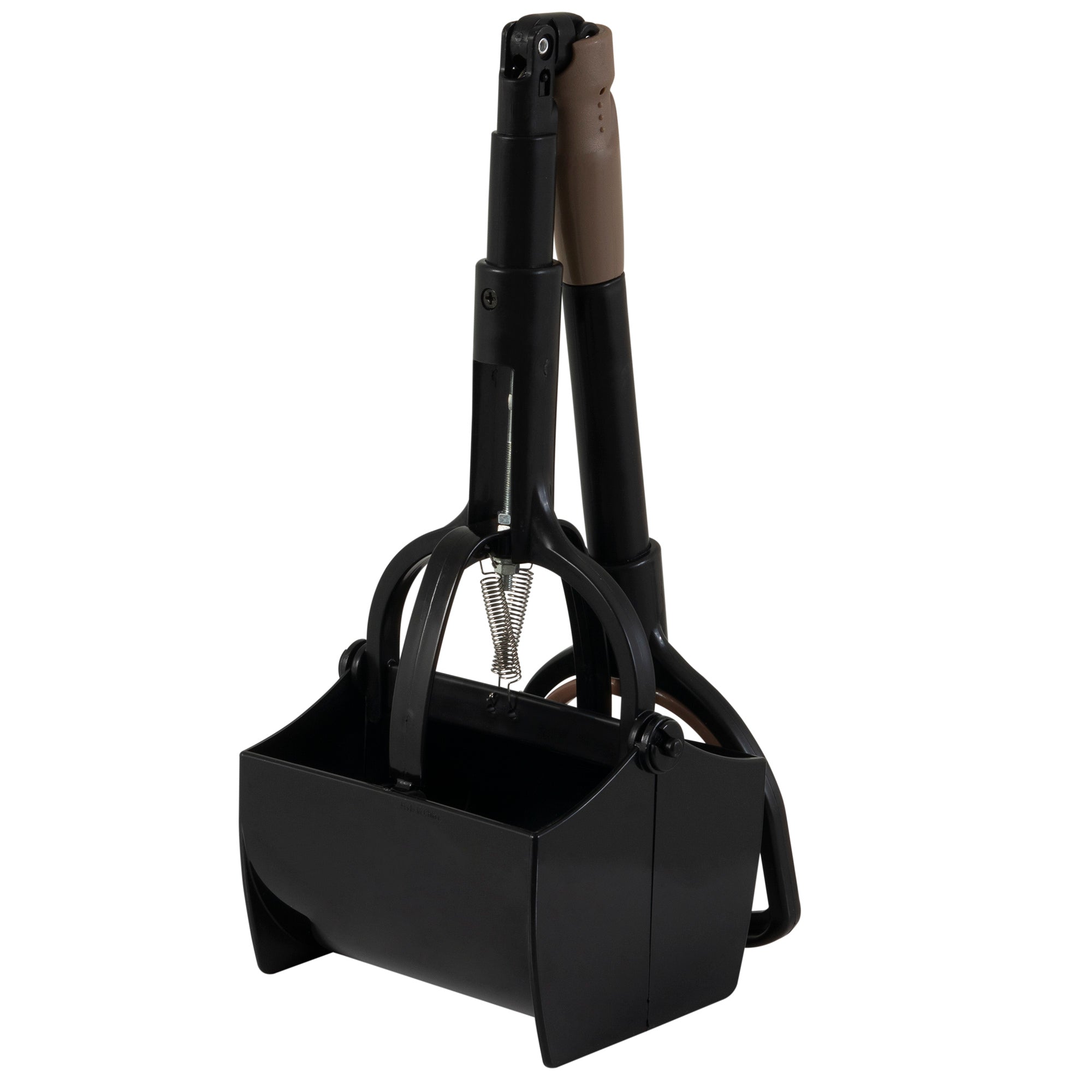 The Arm & Hammer Claw Poop Scooper by Arm And Hammer is black, equipped with a spring mechanism and extendable brown handle. It features a large hinged claw scoop for effortless pet waste collection.