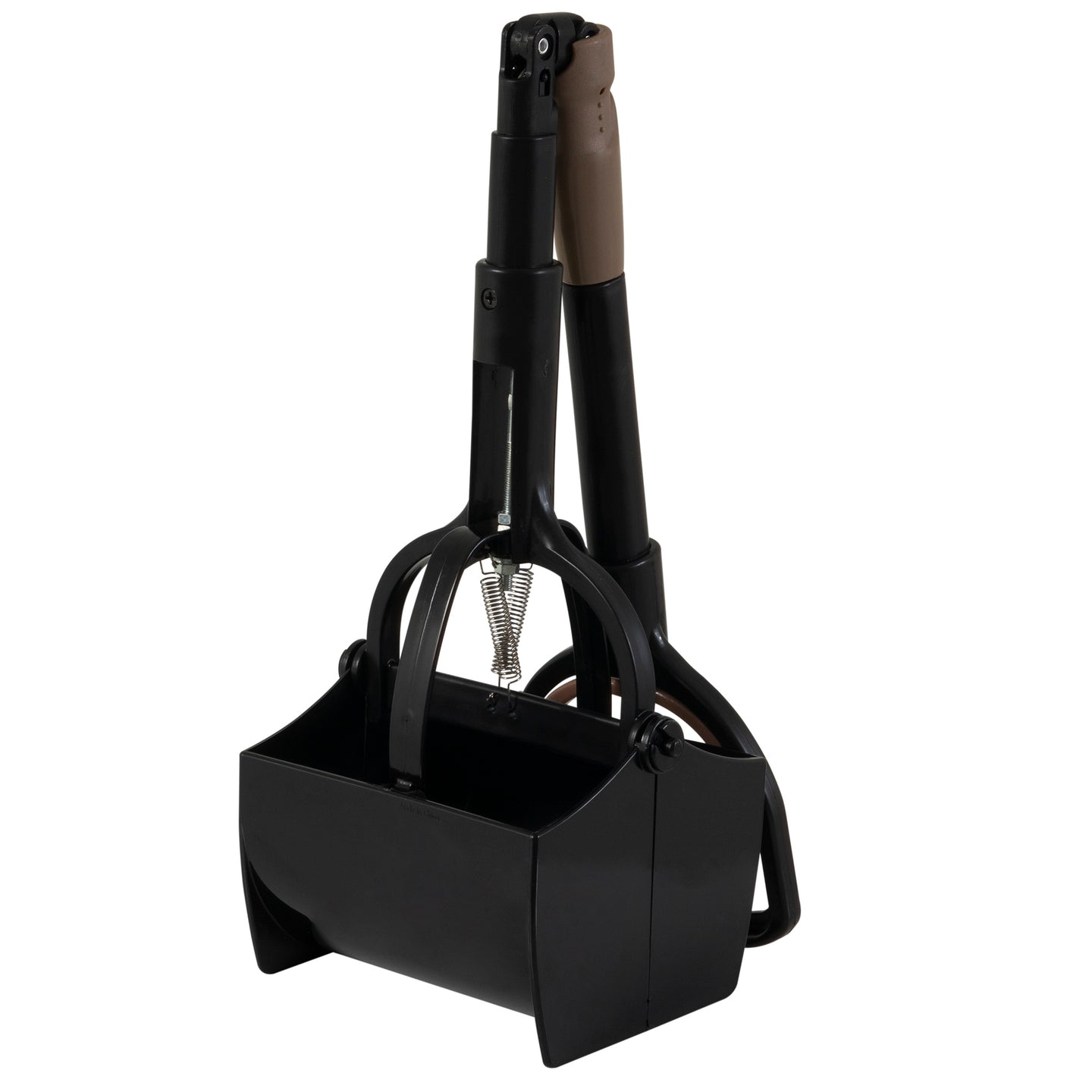 The Arm & Hammer Claw Poop Scooper by Arm And Hammer is black, equipped with a spring mechanism and extendable brown handle. It features a large hinged claw scoop for effortless pet waste collection.